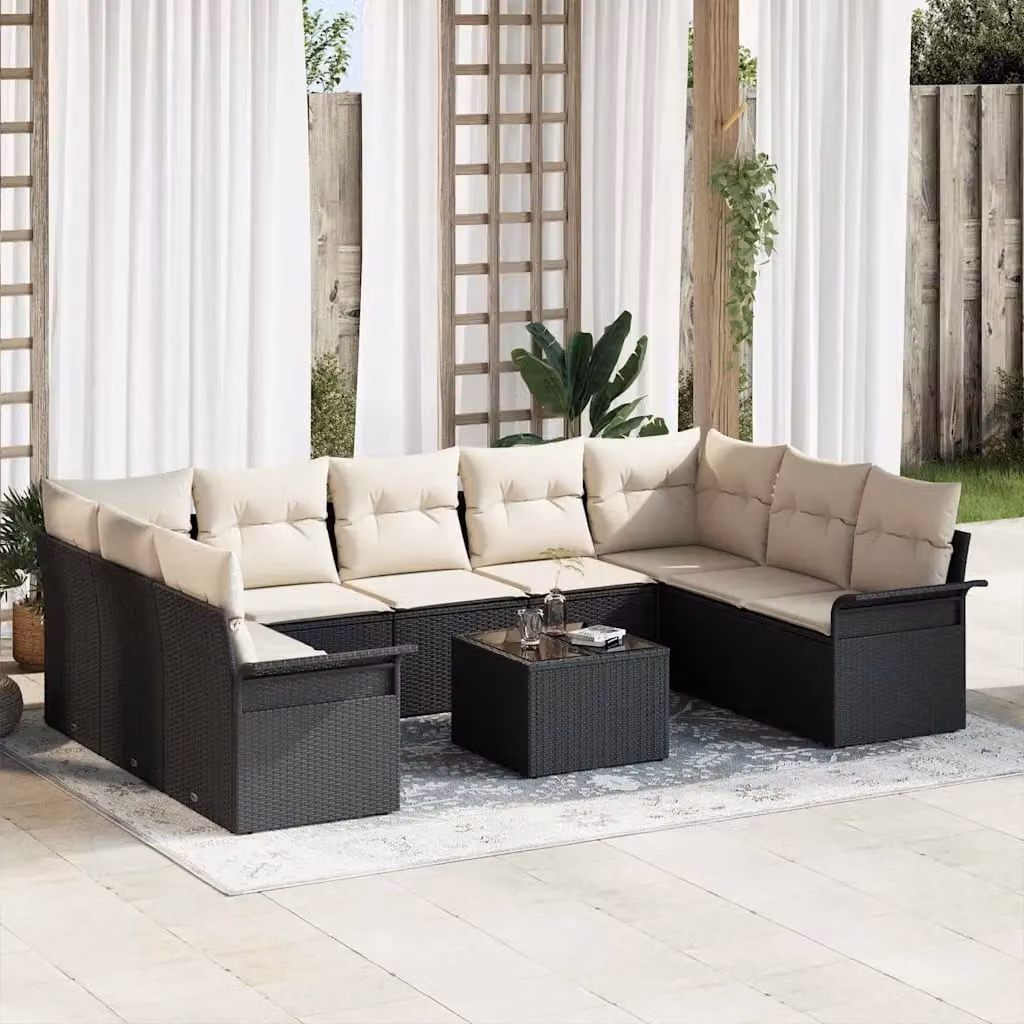 Set Divano da Giardino vidaXL 10 Pezzi a Forma di U in Polyrattan Marrone con Cuscini e Tavolino da Esterno – 1