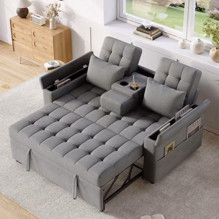 okwish Divano letto pieghevole regolabile Divano lounge a due posti con schienale a tre angoli, divano letto con due cuscini e vani portaoggetti, grigio