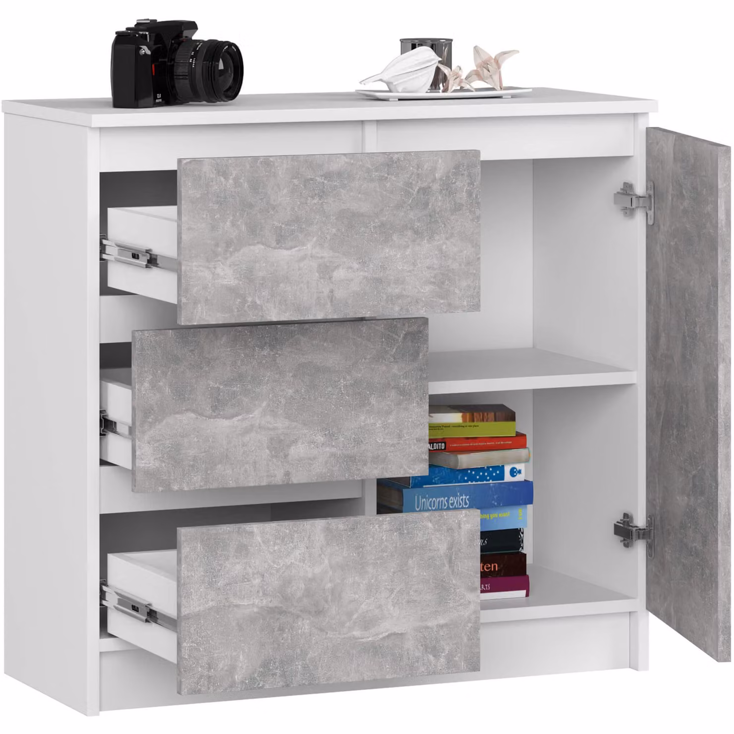 Comò da 80 cm con 3 cassetti e 1 anta, credenza, mobile da 77 cm di altezza