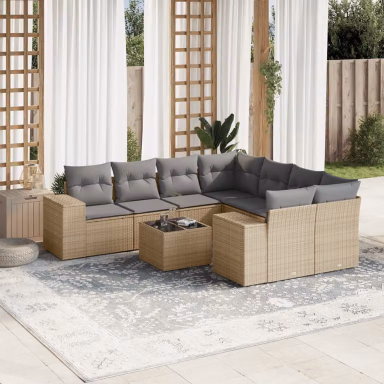 vidaXL Set Divano da Giardino 9 pz con Cuscini Beige e Tavolino in Metallo e Polyrattan