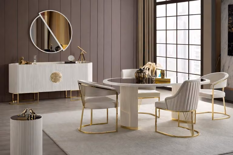 Elegante set composto da tavolo da pranzo ovale, sedie, credenza, specchio e tavolino