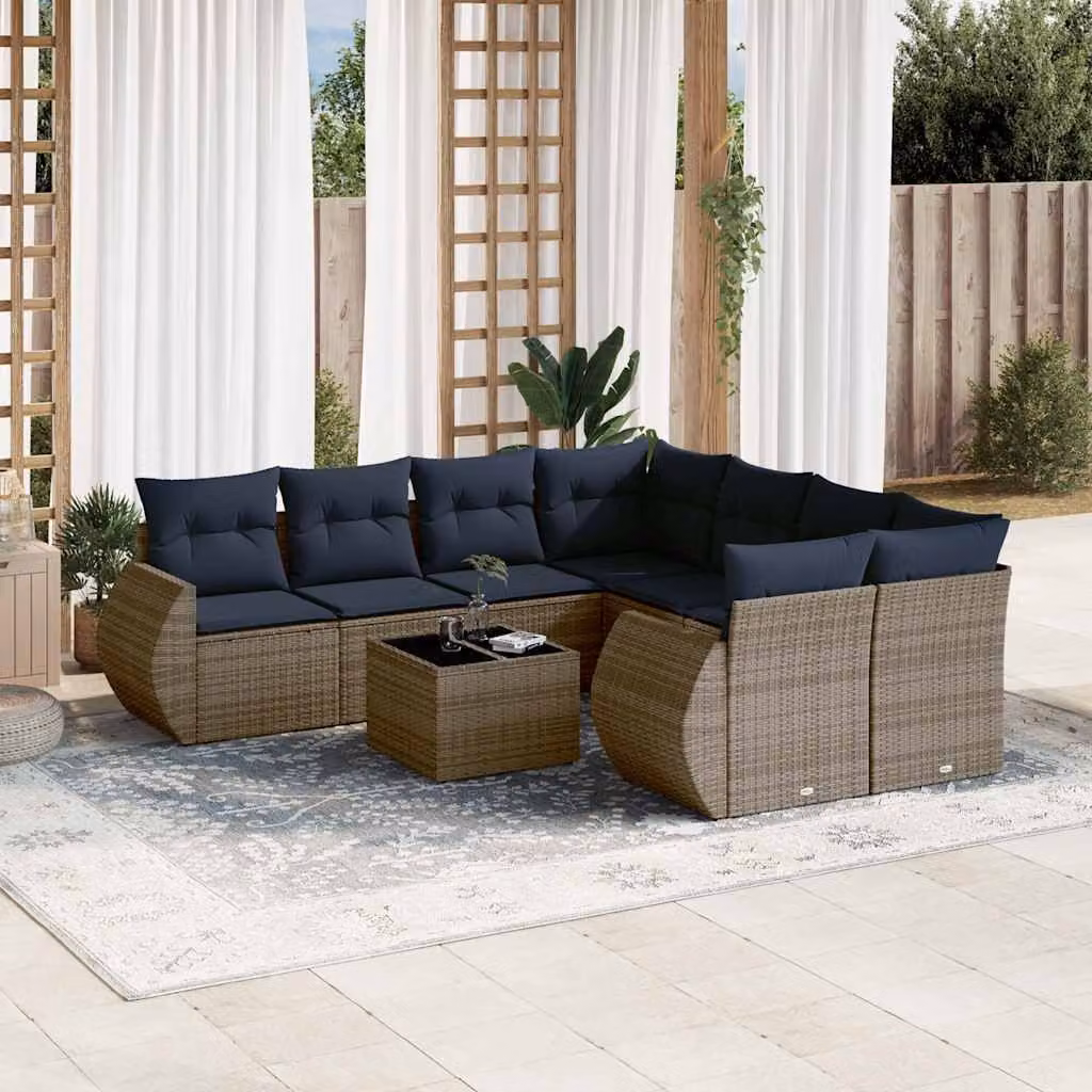 Set Divani da Giardino vidaXL 9 pz in Polyrattan Grigio con Cuscini e Tavolino da Esterno