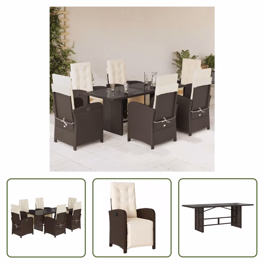 The Living Store Set da pranzo da giardino 7 pezzi con cuscini in polirattan marrone