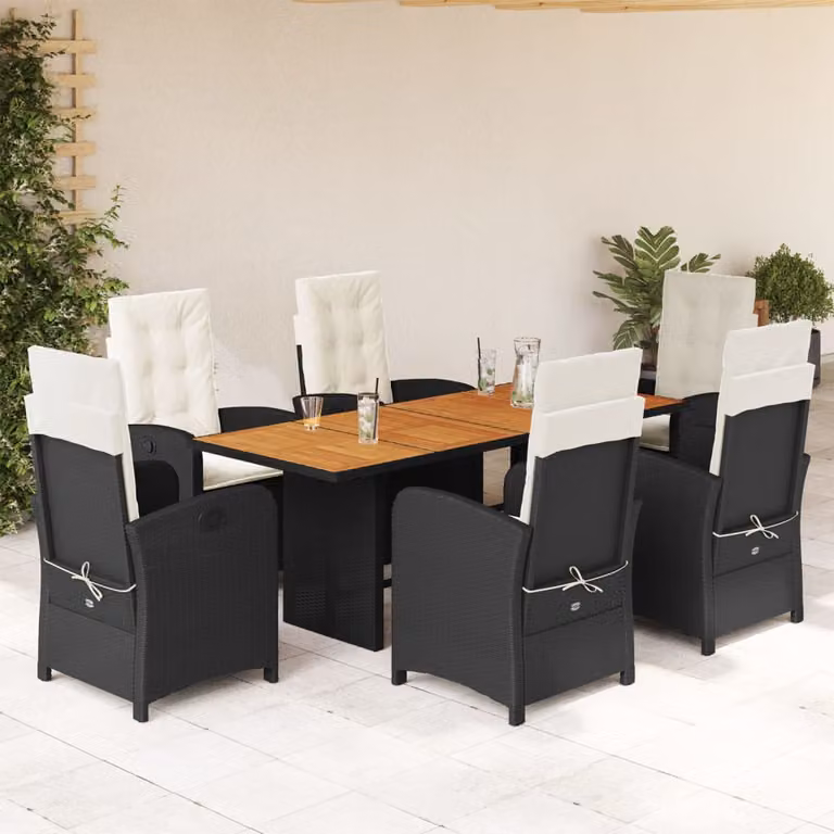 vidaXL Set da Pranzo da Giardino 7 pz in Legno di Acacia e Polyrattan Nero e Marrone con Cuscini