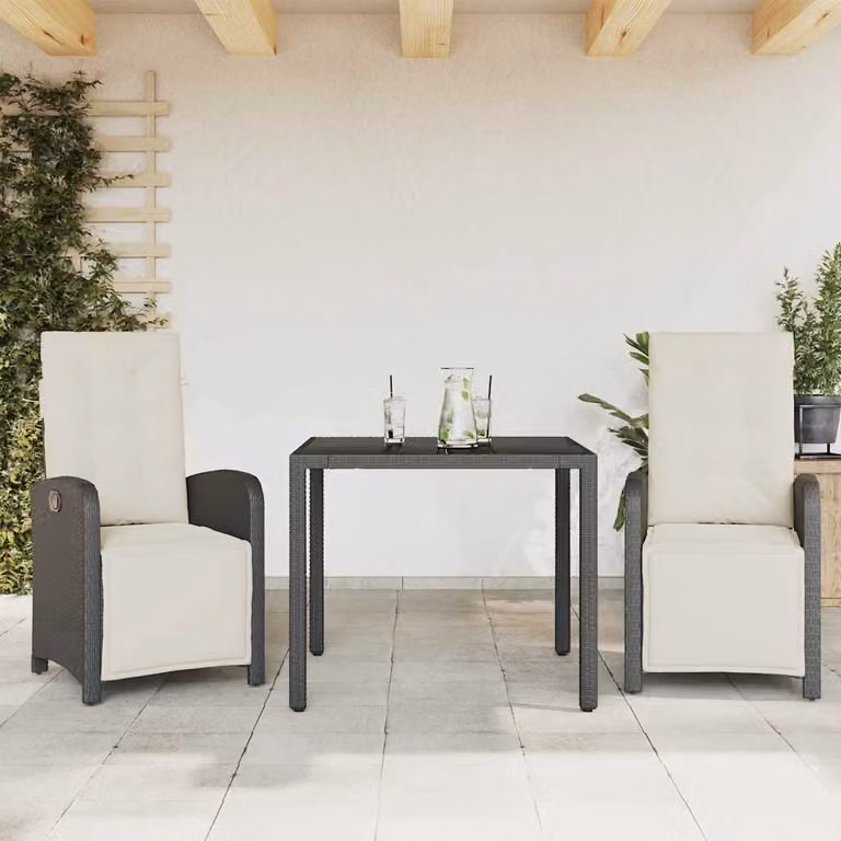 Set da Bistrò vidaXL 3 pz in Polyrattan Nero con Cuscini e Piano in Vetro per Giardino e Terrazzo