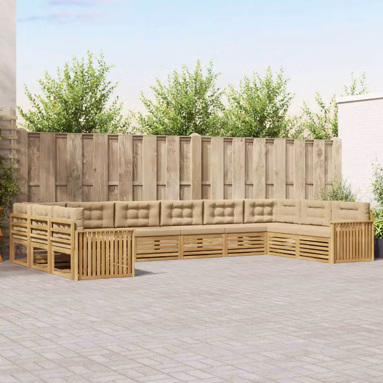 Set di divani da giardino vidaXL a forma di L in legno di acacia con cuscini bianchi e beige