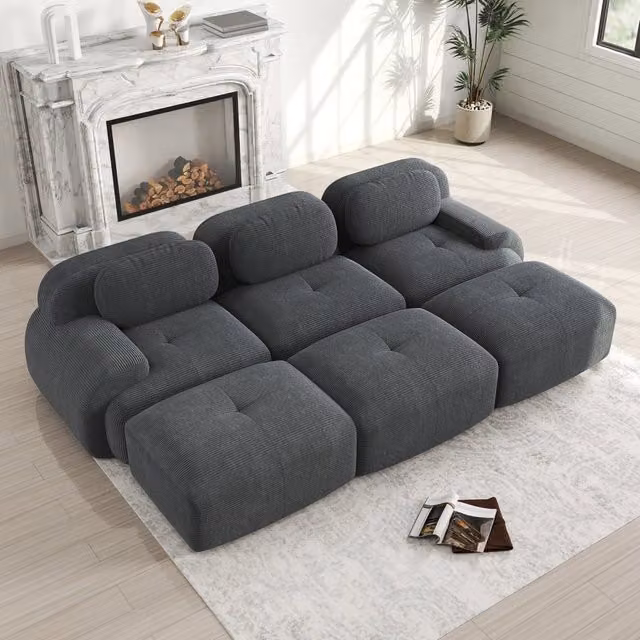 Divano angolare modulare OKWISH in tessuto corduroy grigio con seduta ergonomica in schiuma per il tuo soggiorno
