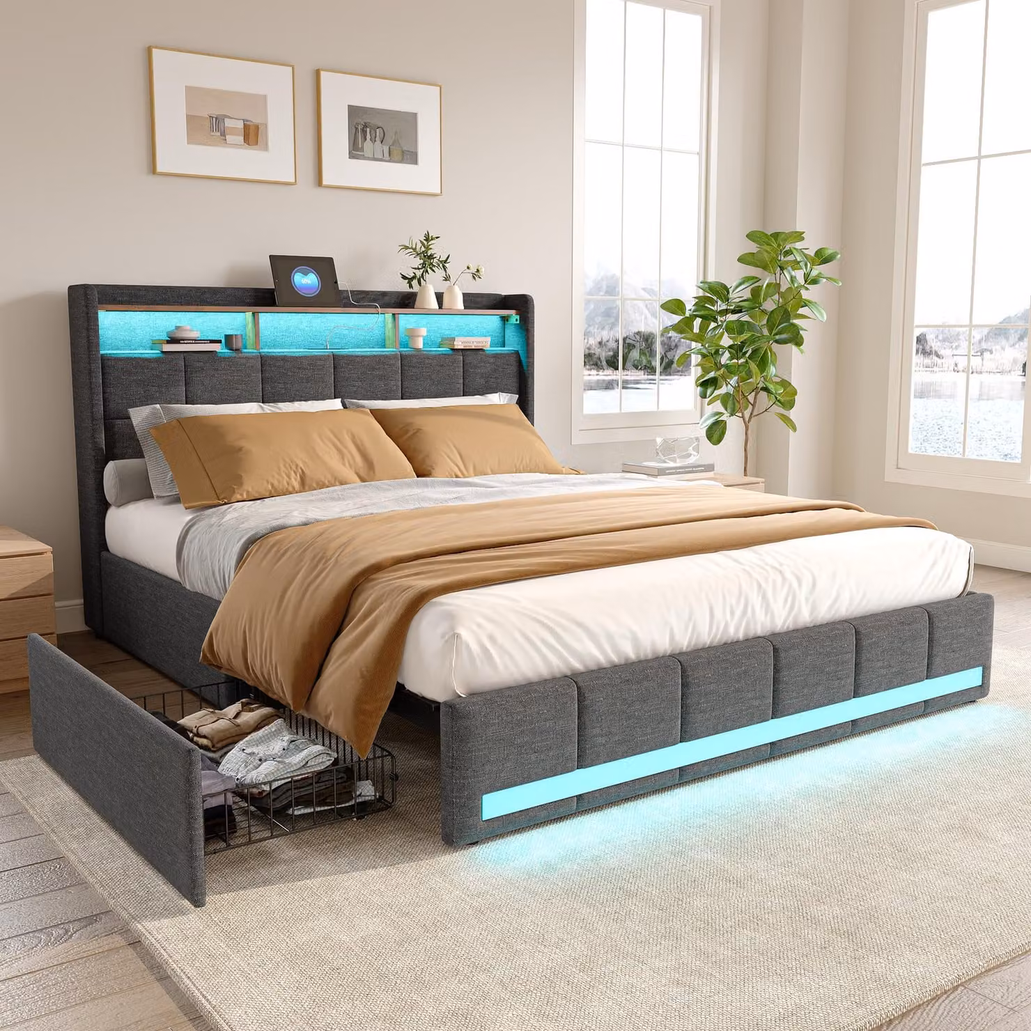Letto imbottito 140x190 cm, grigio, con rivestimento in tessuto, illuminazione LED, 2 porte USB, connettore Type-C, 4 cassetti, struttura del letto con rete a listelli
