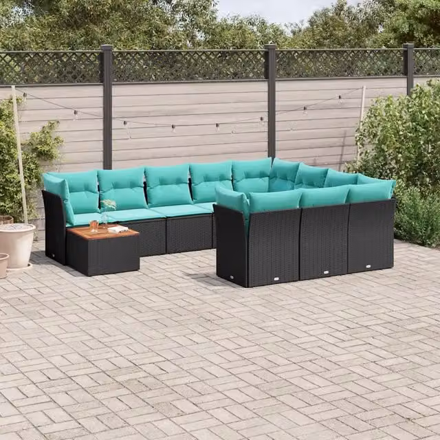 Set Divani da Giardino 11 pz con Cuscini in Polyrattan Nero 3256176