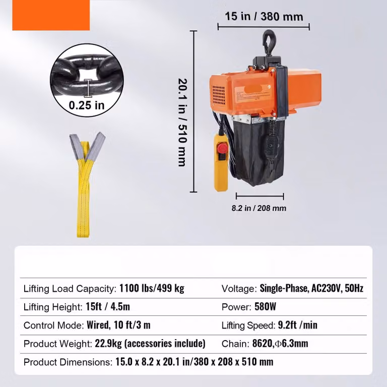 Traslatore elettrico a catena - Argano - Capacità di sollevamento: 499 kg - Motore: 580W - Altezza di sollevamento: 4,5 metri