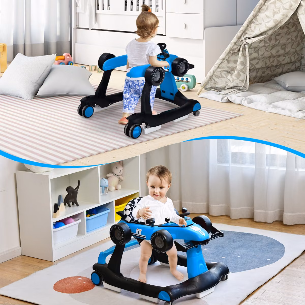 Costway Deambulatore 4 in 1 per neonati con altezza e velocità regolabili e carillon con luci, Blu