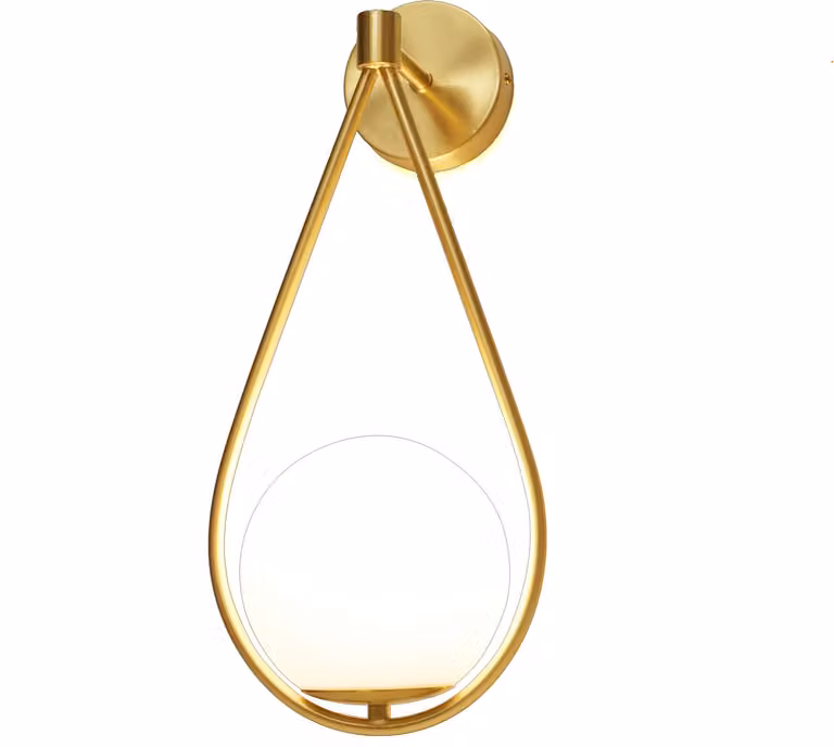 Lampada da parete "Gota" con sfera in vetro opale e lampada a soffitto in metallo dorato, attacco E27