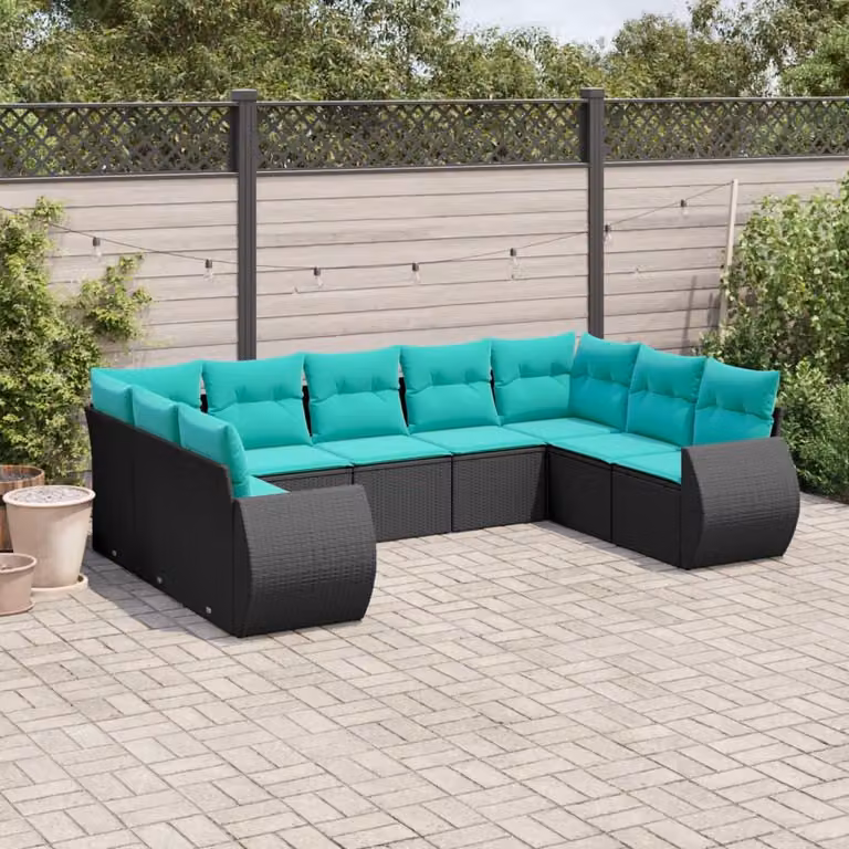 Maison Exclusive - Set di 9 pezzi per giardino con cuscini, polyrattan nero