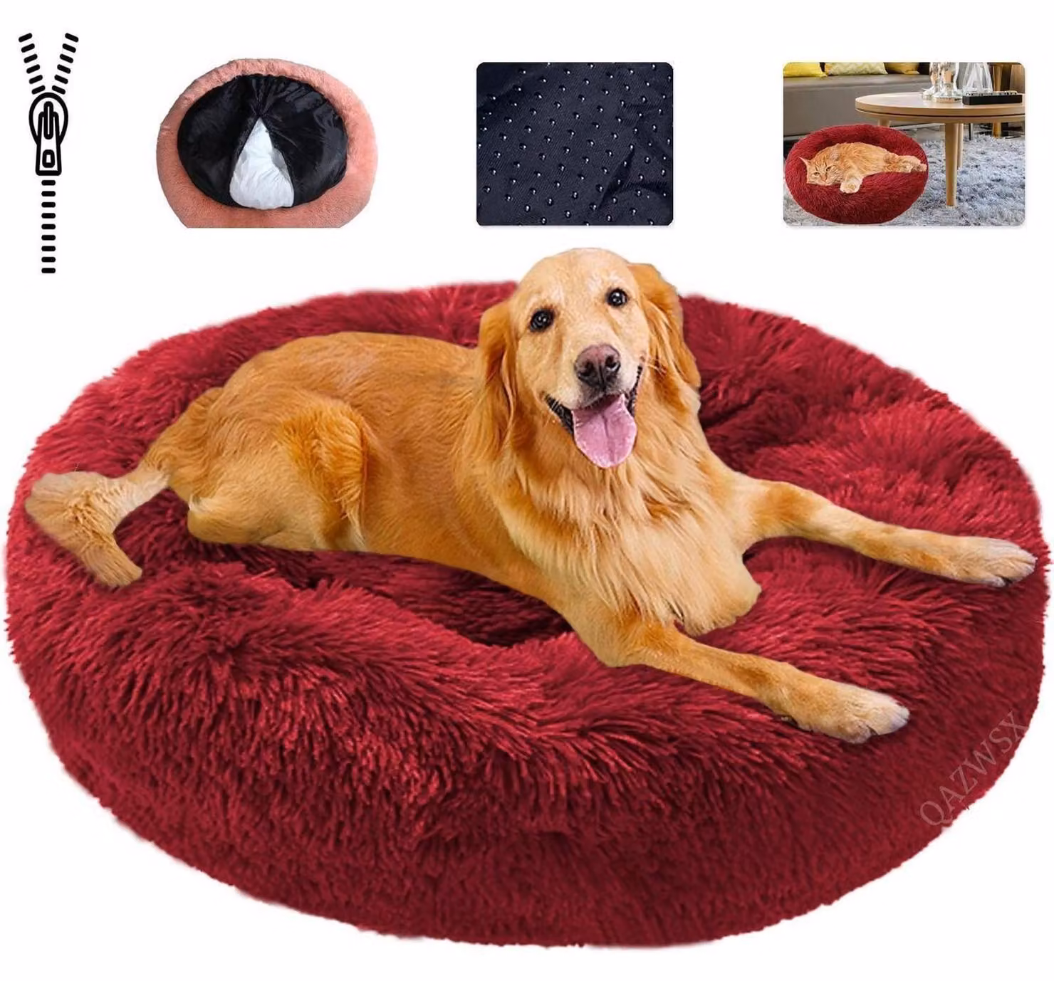 Cuccia per animali domestici, morbida, lavabile, rotonda, color bordeaux, taglia 4XL - 110 cm