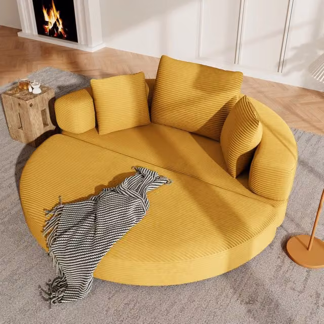 Divano letto pieghevole flessibile 173x176 cm; senza telaio; panca ovale con cuscini; velluto a coste; soggiorno; giallo