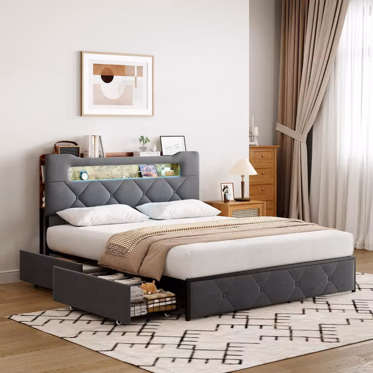 Fortuna Lai letto imbottito 140x200cm con LED e USB, letto matrimoniale con testata e 4 cassetti, letto in metallo letto funzionale letto per bambini, grigio velluto