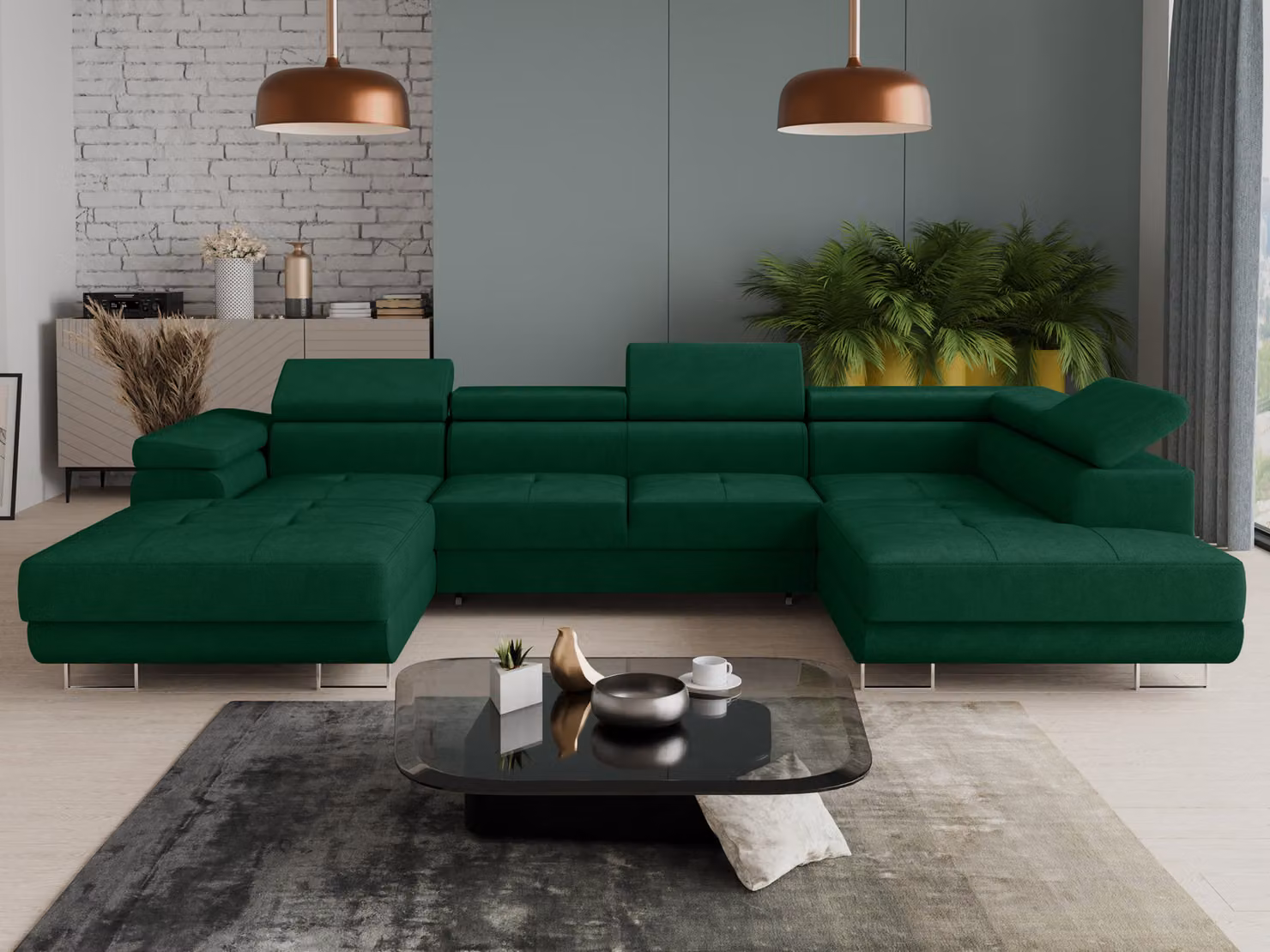 Divano componibile Caris U con funzione letto e poggiatesta regolabili, divano angolare con due contenitori, divano, divano letto (verde (Kronos 19), divano angolare sinistro)