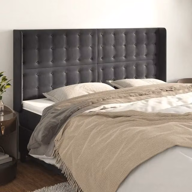 Testiera con Orecchie Design Mania in Velluto Grigio, L: 183 cm, P: 16 cm, H: 118/128 cm – 1