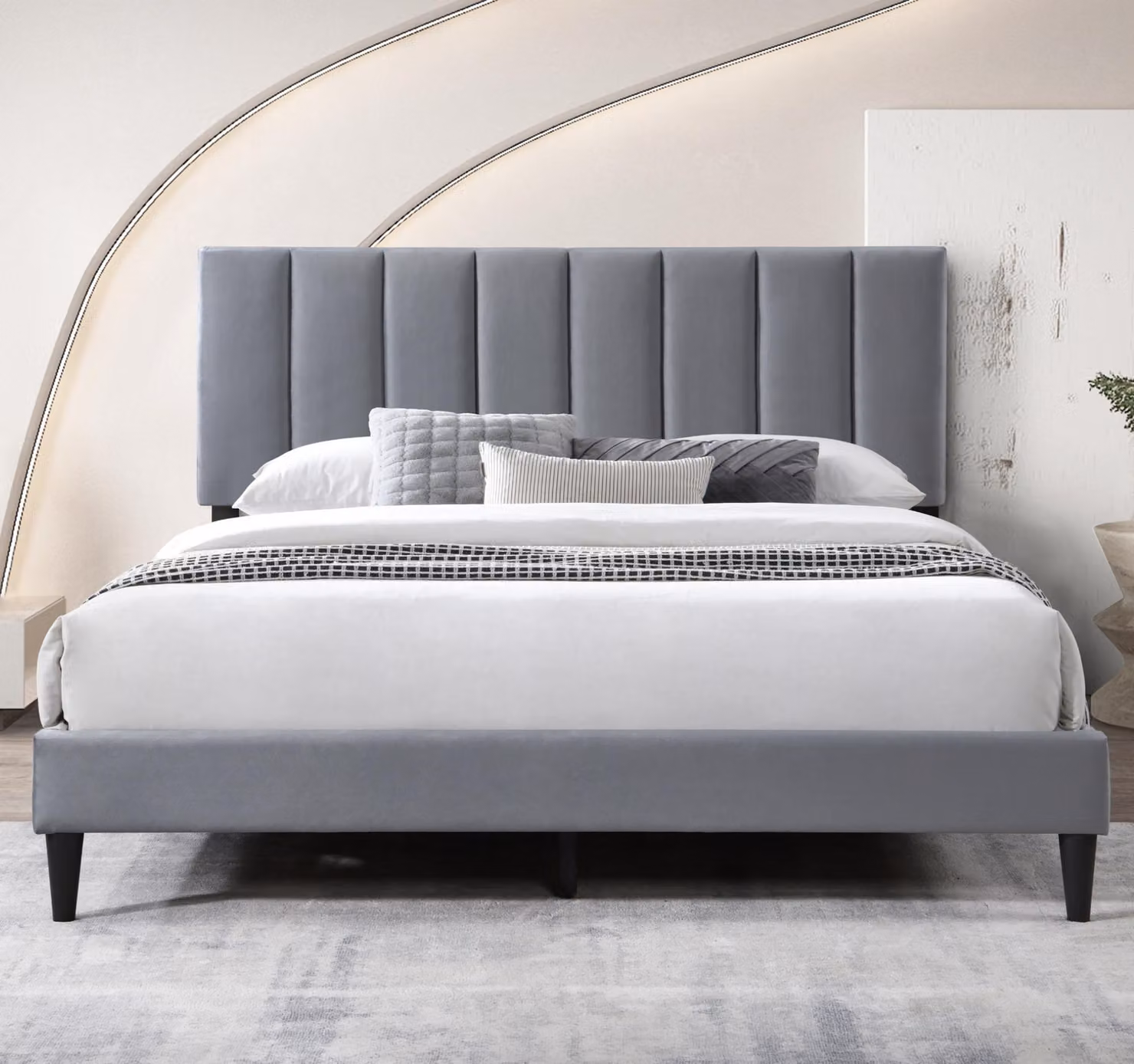 Letto imbottito 140x200 e 160x200 cm, letto matrimoniale con rete a doghe e rivestimento morbido, struttura del letto, trapuntatura verticale, 140x200 cm, grigio