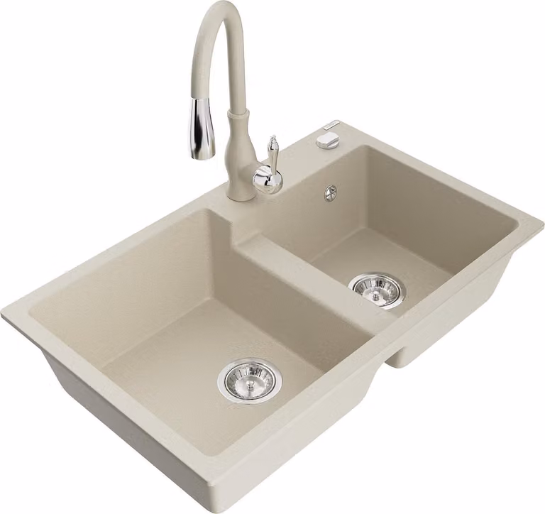 Mexen Tomas lavello da cucina in granito a 2 vasche con rubinetto Savita, beige - 6516-69-672601-69
