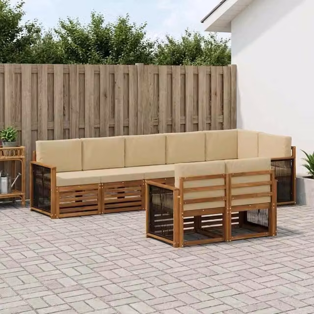 Set di divani da esterno a L vidaXL in legno di acacia con cuscini beige e marrone