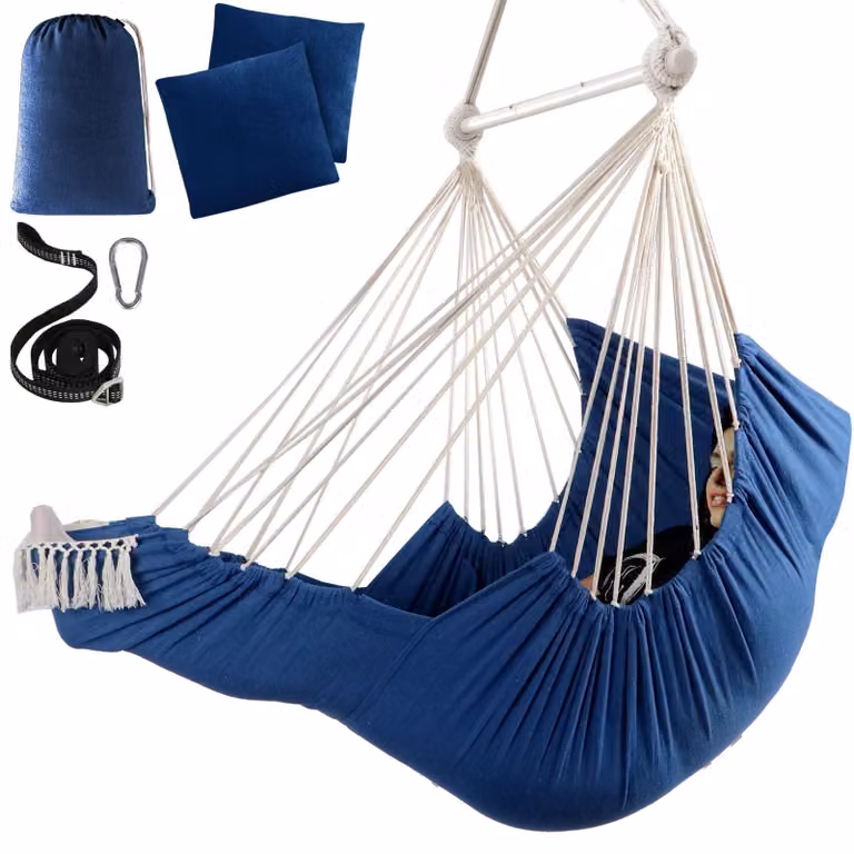 Omgoods - Sedia a dondolo sospesa, tipo amaca, con poggiapiedi e cuscini - Include gancio a scatto e sacca portaoggetti, colore blu reale