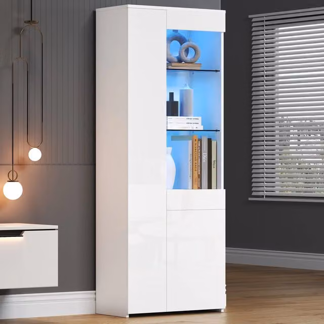 Vetrina Mivray moderna bianca con LED integrati, ante in vetro e ripiani, L: 70 cm, P: 35 cm, H: 180 cm