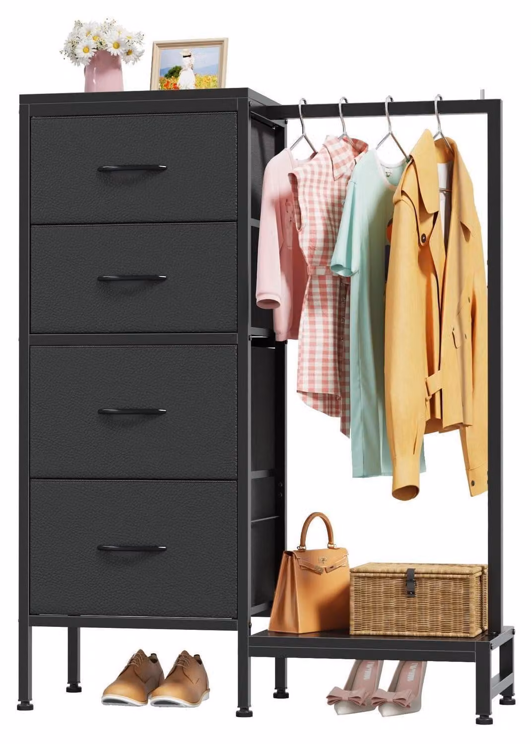 Comodino con 4 cassetti in tessuto e asta appendiabiti, altezza 111 cm, colore nero