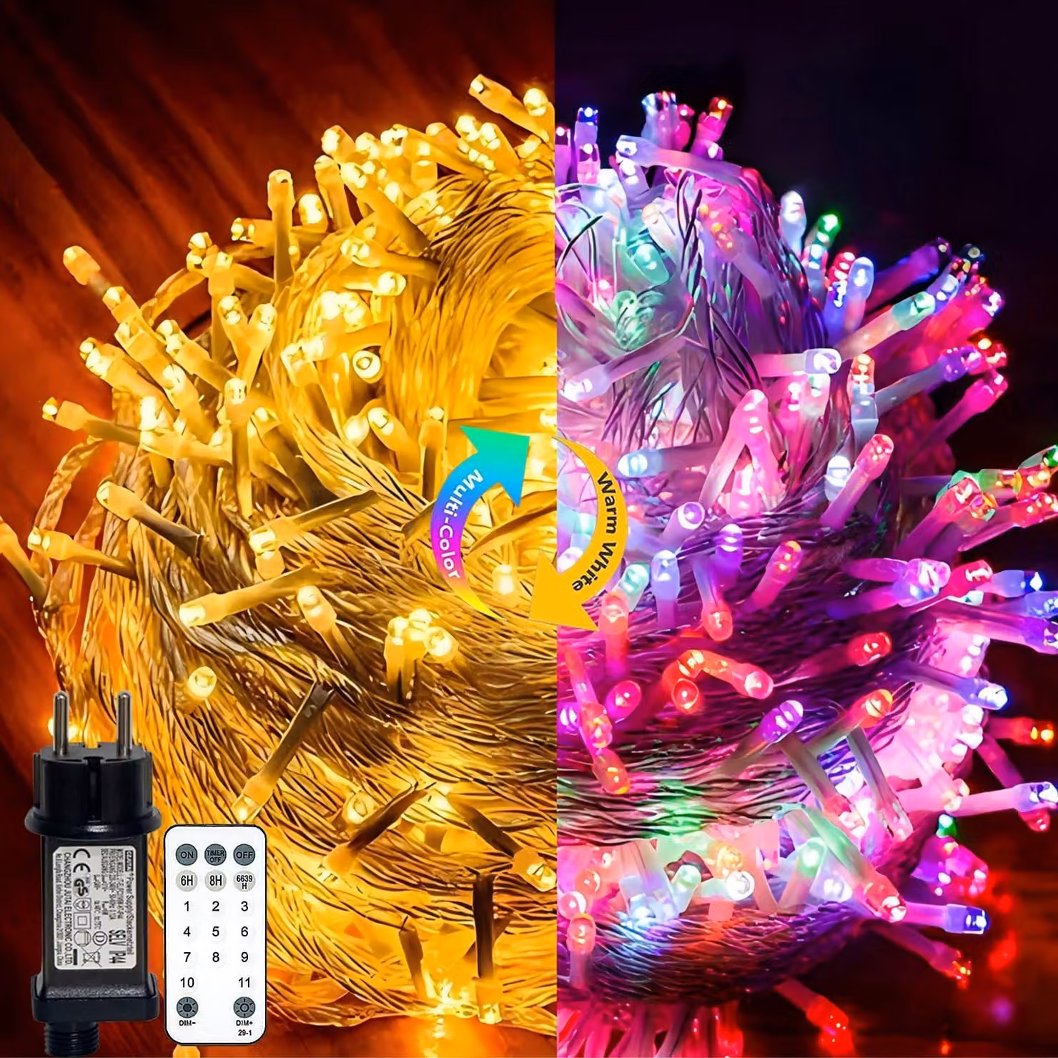 Catena luminosa da 10 metri, 100 LED, luce bianco caldo + colorata, dimmerabile, 11 modalità, timer