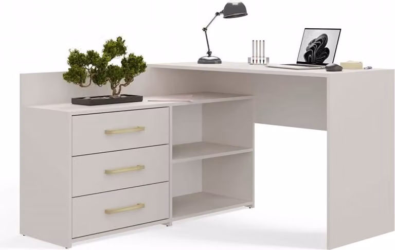 Scrivania angolare BDW, 3 cassetti 2 ripiani, cashmere, 120x7x50 cm