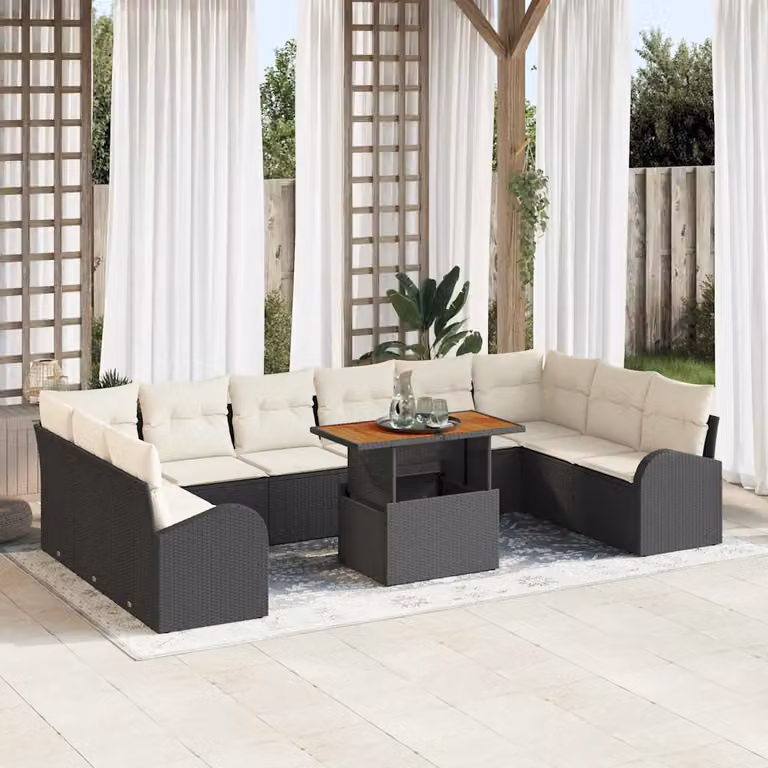 Set Divano da Giardino vidaXL 11 pz in Polyrattan con Cuscini Nero e Beige