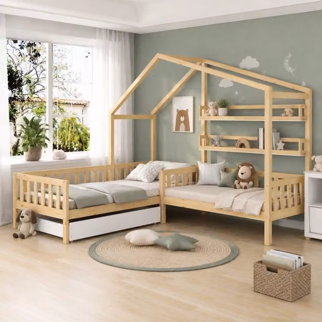 Letto a castello a forma di casa con cassetti e scaffali, in legno massello naturale, 90x200 cm + 140x70 cm