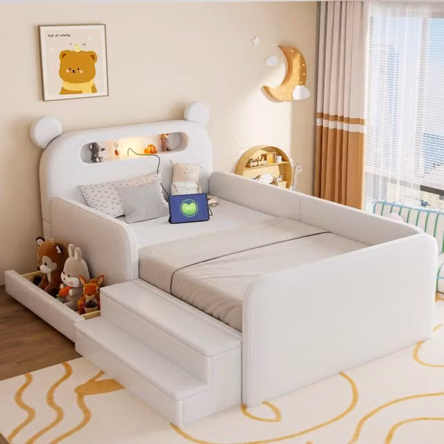 Letto imbottito per bambini 90 x 200 cm con testiera a orso; luce notturna e contenitore; bianco