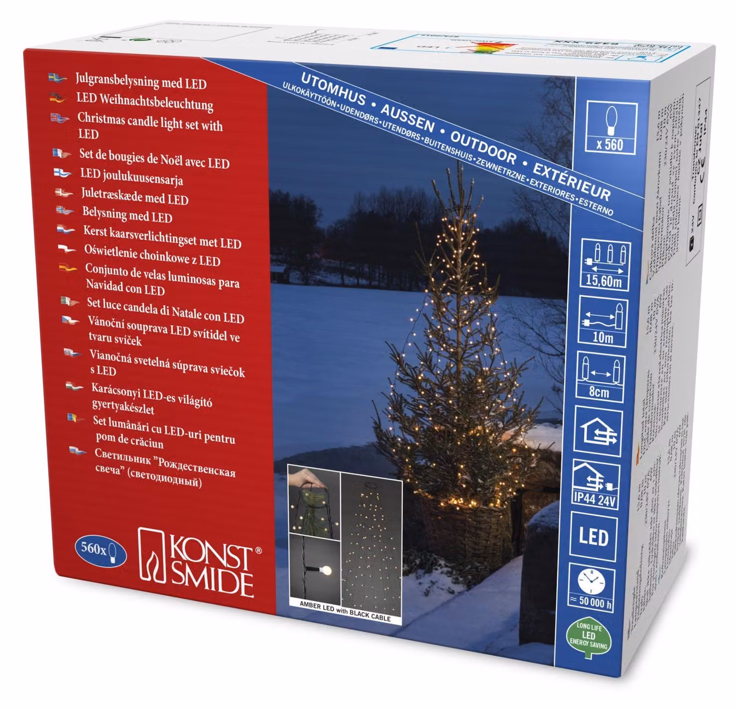 Copertura luminosa a LED a forma di sfera, color ambra, lunghezza 10 metri, grado di protezione IP44, alimentazione a 24V