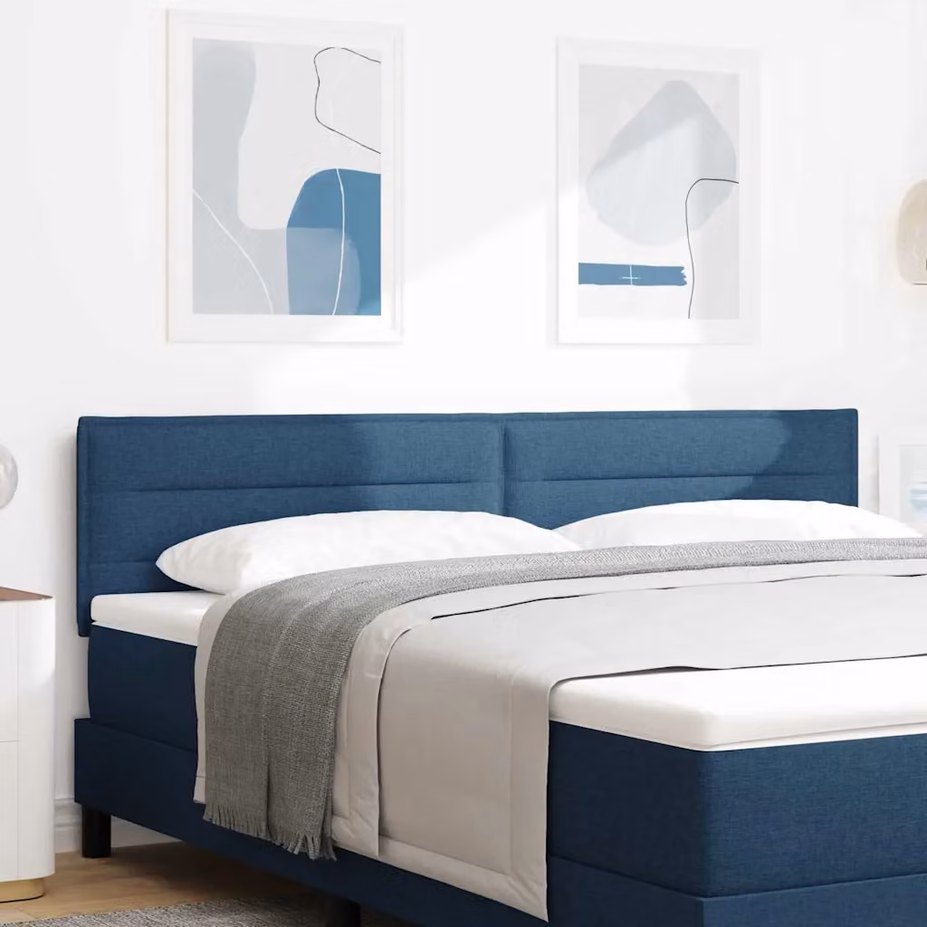 Testiera per letto moderna vidaXL in tessuto blu con struttura in legno di pino, L: 180 cm, H: 7 cm, P: 10 cm