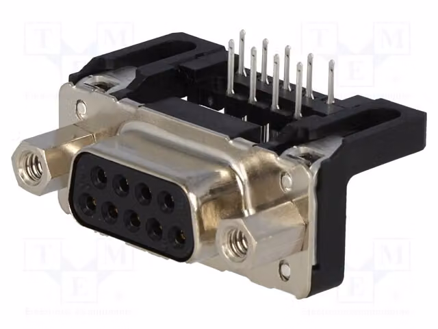 1x Connettore D-Sub femmina con angolo a 90°, connettore a montaggio a traversa (THT), 9 pin. Codice prodotto: 09661127603. Connettori D-Sub