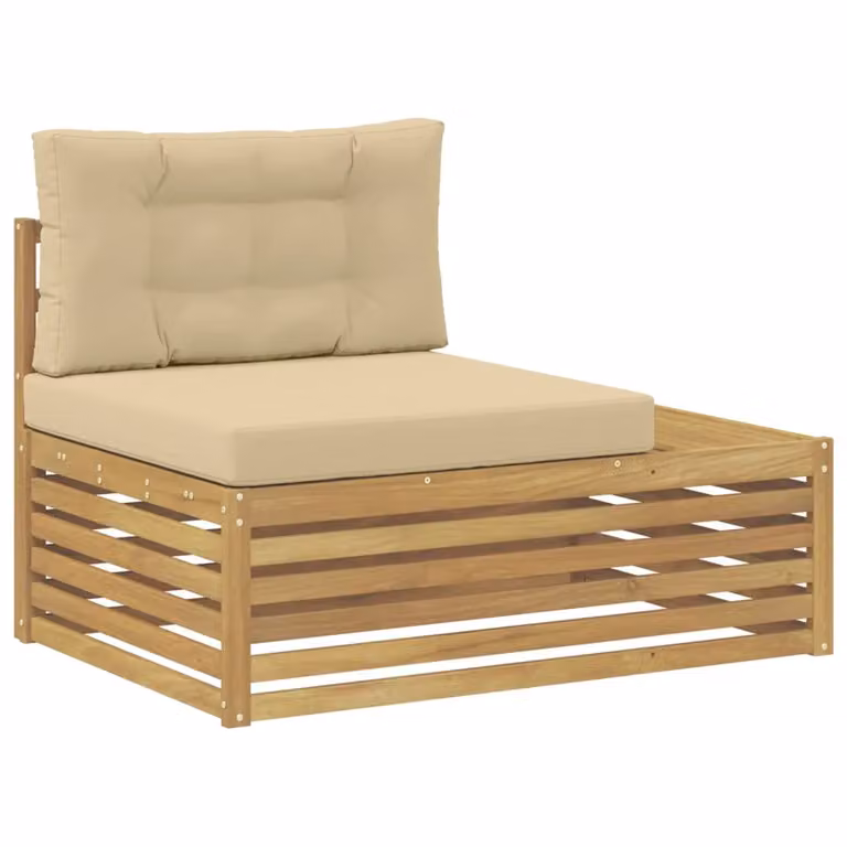 Divano da esterno moderno vidaXL in legno di acacia con cuscini beige e bianchi L: 115 cm, P: 83 cm, H: 73 cm