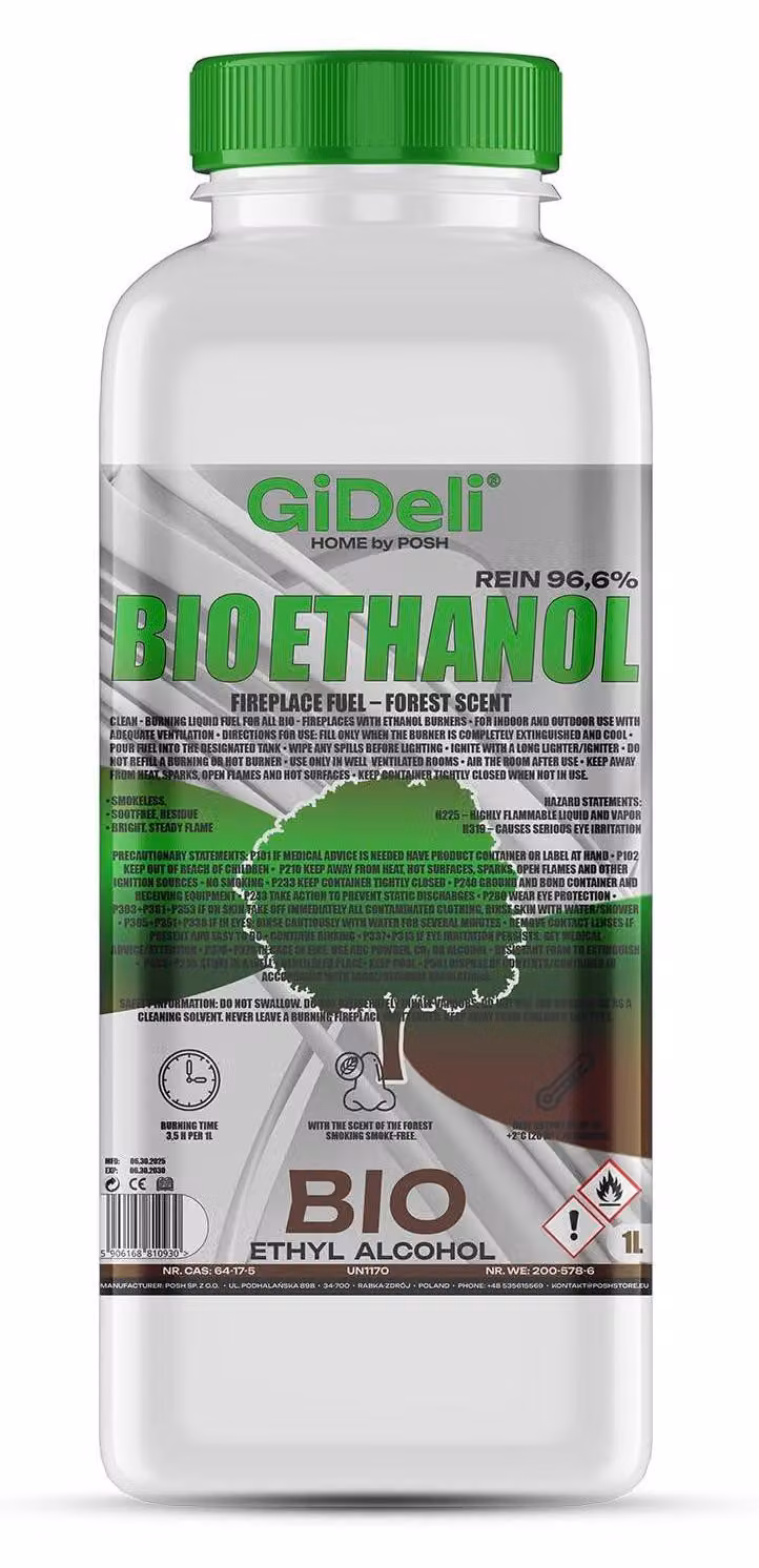Bioetanolo profumato alla foresta 96,6% 1L per caminetti universali senza fumo e senza fuliggine GiDeli