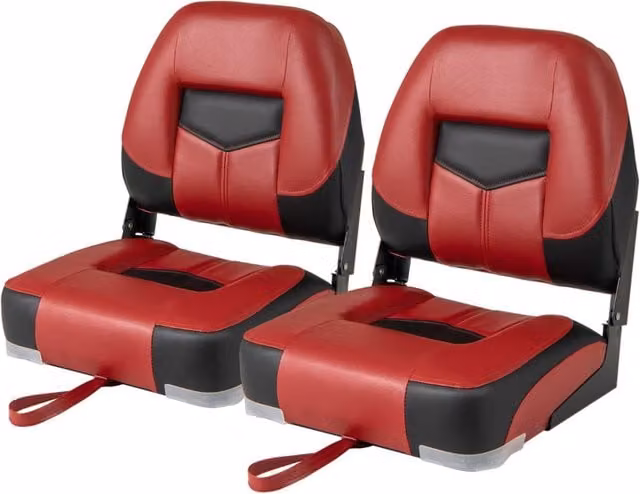 Set di 2 sedie pieghevoli Design Mania per barca e yacht, sedili ergonomici con schiuma spessa in similpelle nera e rossa, resistenti alle intemperie