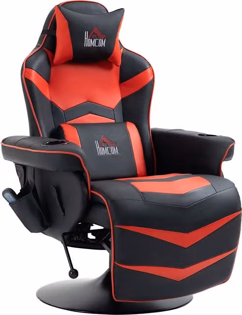 Sedia da Gaming Massaggiante HOMCOM con Poggiapiedi e Cuscino, in Finta Pelle, L/P/H: 79.5 x 82.5 x 111.5 cm, Nero e Rosso