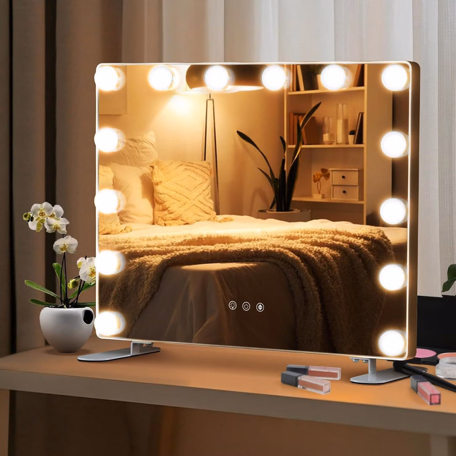 Specchio da trucco Hollywood 2-in-1, con 14 luci a LED, dimmerabile, color argento