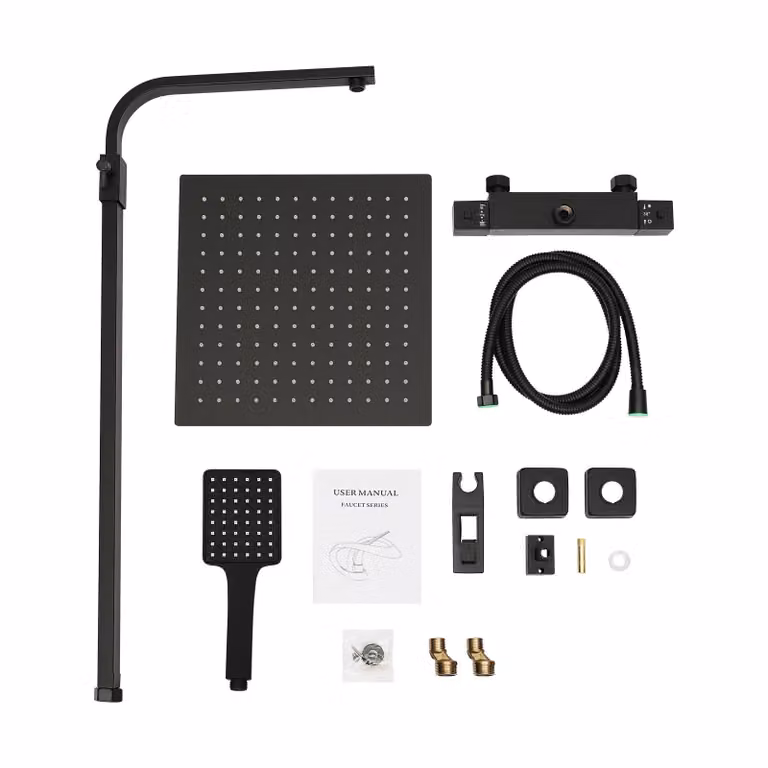 Set doccia, design quadrato, controllo termostatico, nero