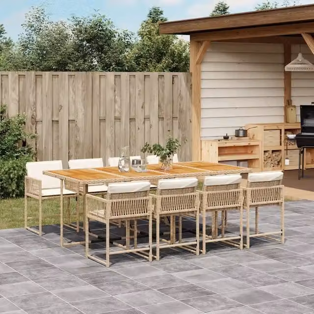Set da pranzo da giardino vidaXL in polyrattan con cuscini beige e tavolo in legno di acacia, 9 pezzi – 1