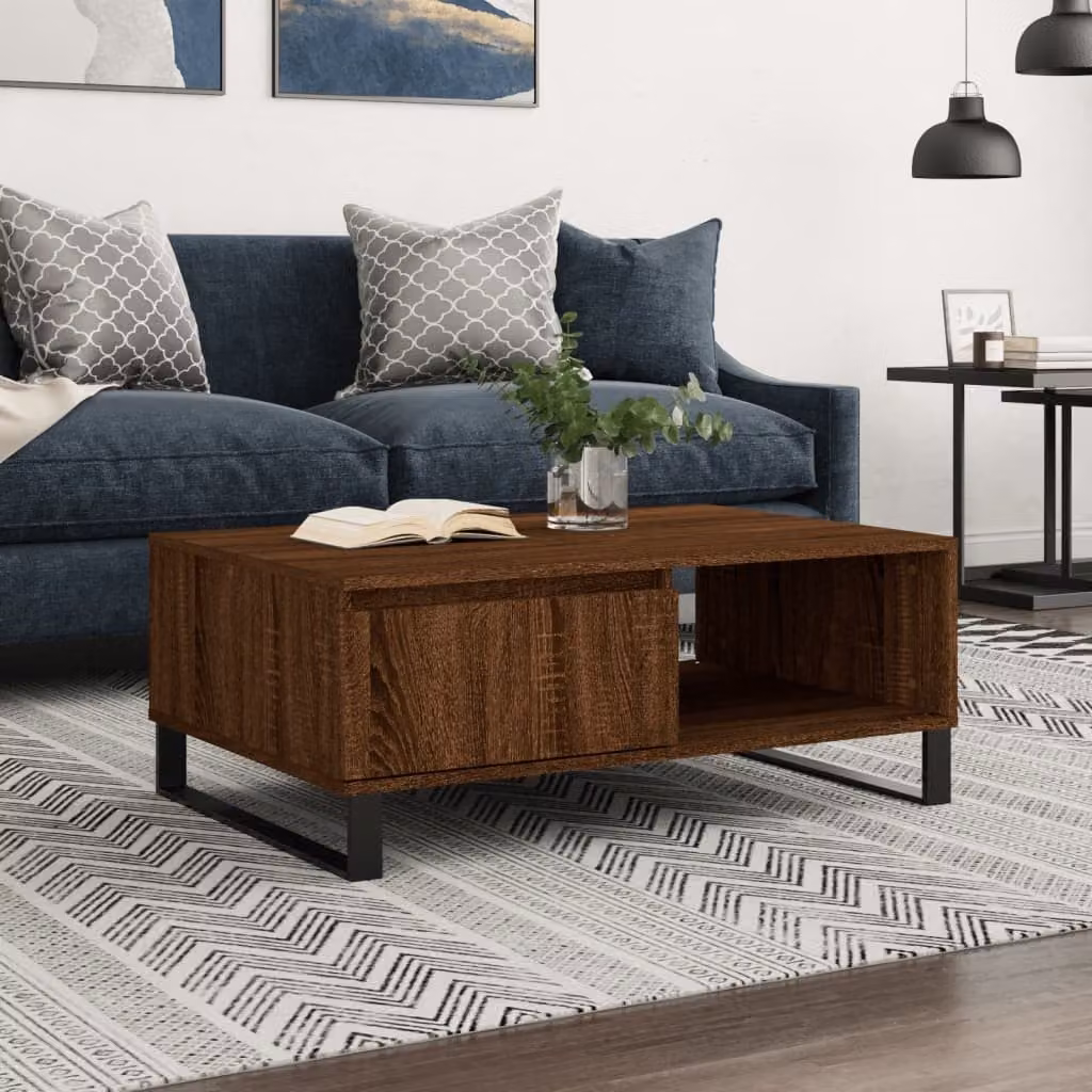 Tavolino da salotto moderno vidaXL in legno e metallo color rovere marrone L: 90 cm, P: 60 cm, H: 35 cm