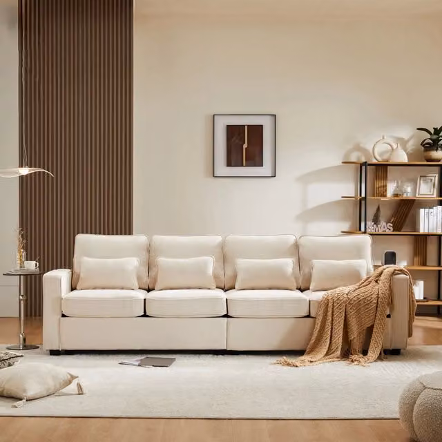 Divano 4 Posti in Tessuto con Braccioli e Cuscini ¨C MINIMAL ¨C Beige/Grigio/Verde