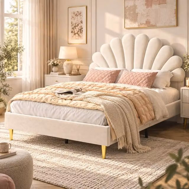 Letto Matrimoniale Imbottito con Rete a Doghe e Testiera a Petalo, Beige, L: 140 cm, P: 200 cm