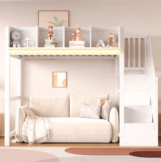 Letto a soppalco 90x200 cm con LED; scaletta e vani portaoggetti in legno bianco