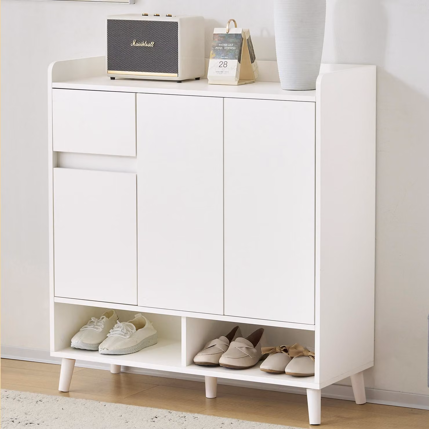 OKWISH Sideboard - Credenza con 2 cassetti e ripiani regolabili, mobile contenitore per il soggiorno o la camera da letto, gambe in legno massiccio - 90x35x99 cm, bianco