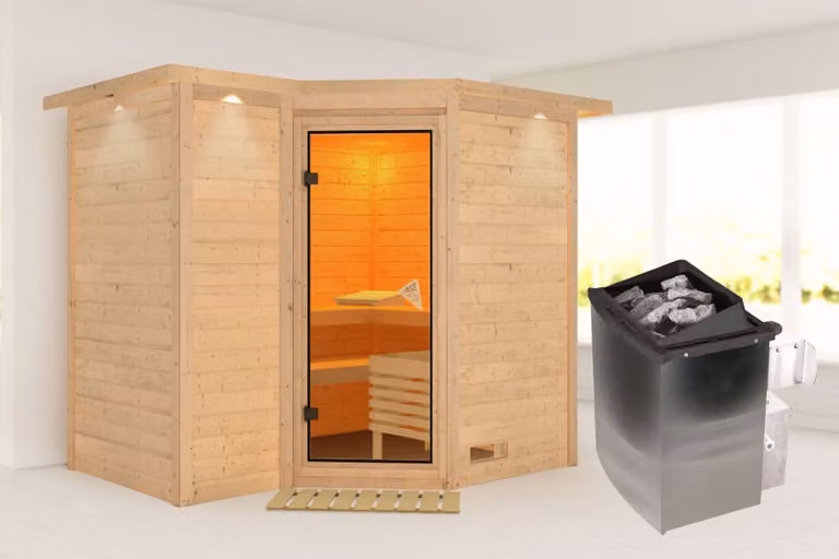 Cabina Karibu sauna interna Sahib Sauna interna 3 panche in legno con finitura naturale Cabina sauna Spessore parete: 40 mm Sauna a infrarossi