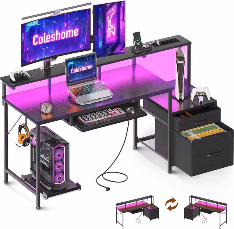 Scrivania con cassetti 140x48cm Nero Vassoio per tastiera USB LED Supporto per monitor